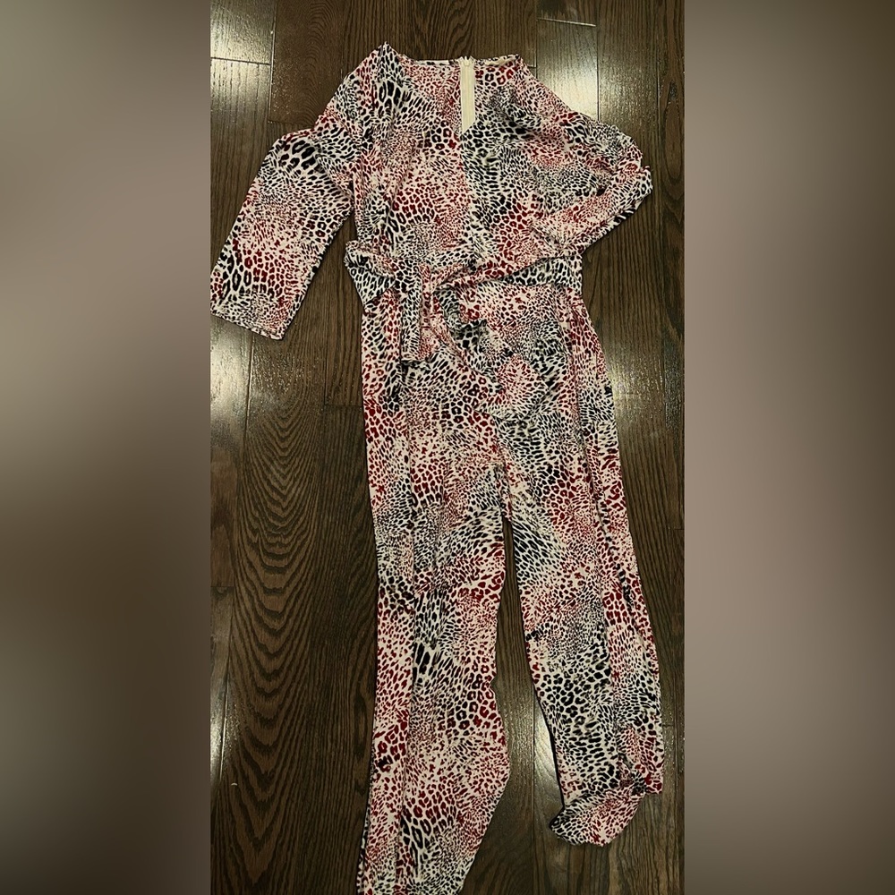 animal print business jumpsuit with tie belt attached